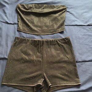 Studded Olive Green Tube Top and Shorts Set